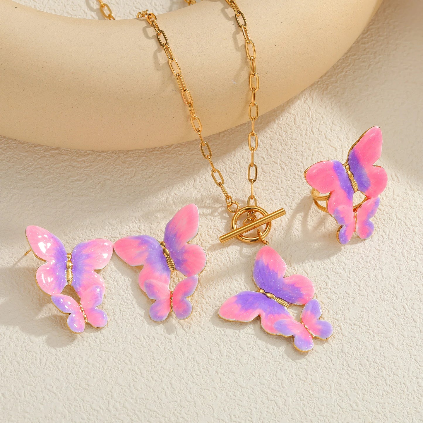 Freeteeme Stylish Dripping Oil Gradient Butterfly Necklace Ring Earrings Jewelry Set for Women Mom Gold Plated Birthday Gifts