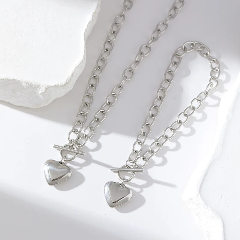 EILIECK 316L Stainless Steel Heart Love Pendant Necklace For Women Trendy Gold Silver Color Waterproof Neck Chain Jewelry Gift