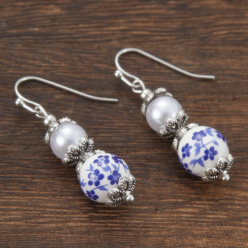 Retro Chinese Style Blue Floral Ceramic & Imitation Pearl Earrings Handmade Silver Plated Drop Earrings for Women Ethnic Jewelry