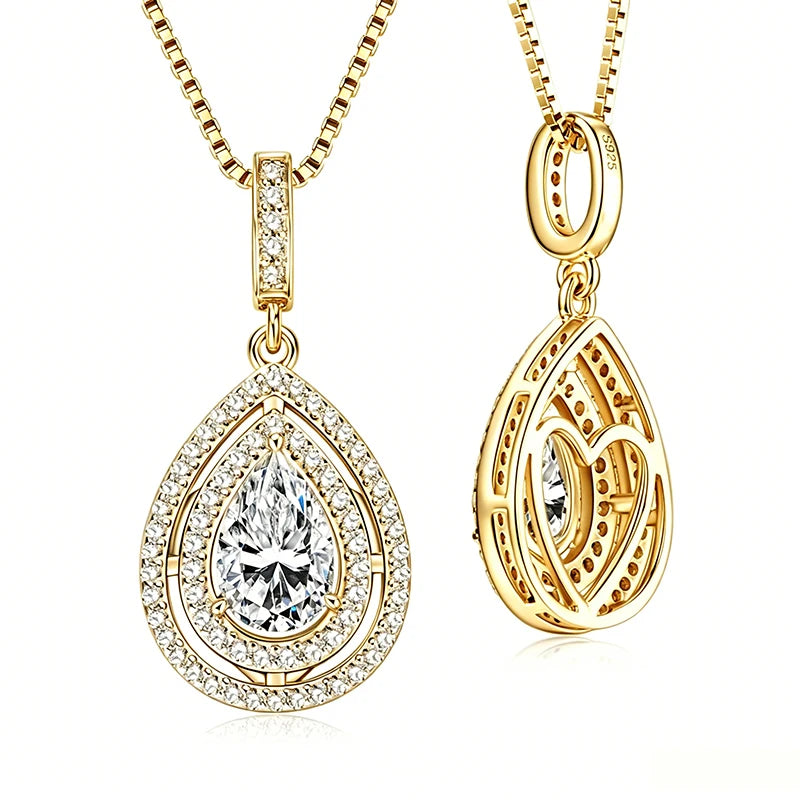 OXTAO 925 Sliver Moissanite Water Drop Pendant Necklace Double Layer with Certified for Women Clavicle Chain Necklace Jewelry