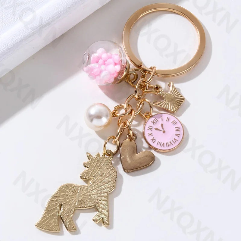 Lovely Pink Heart Clock Crown Unicorn Preal Enamel Keychain Cute Animals Love Key Ring For Women Girl Handmade Friendship Gift