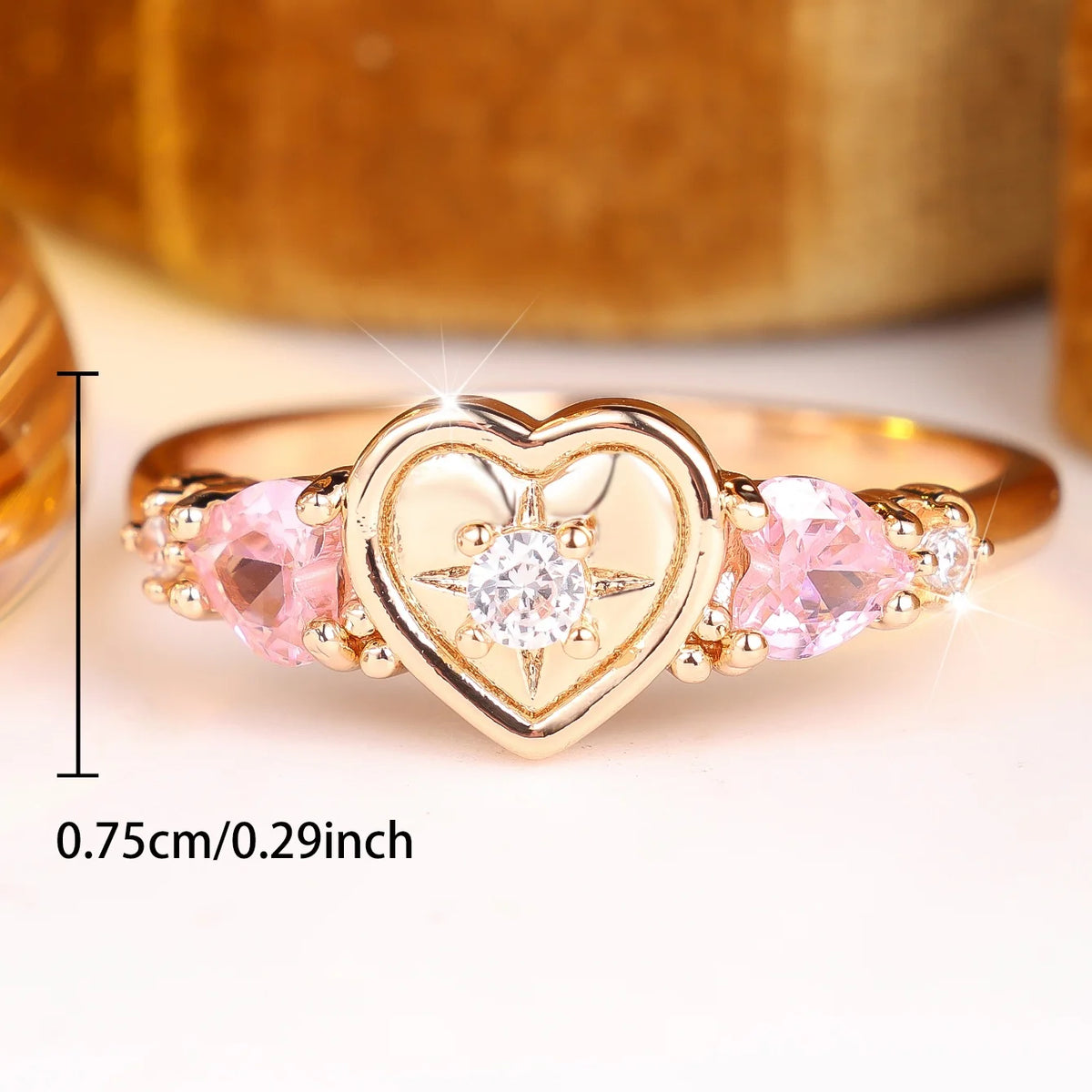 Small Cute Female Pink Heart Zircon Stone Round Ring Gold Color Wedding Jewelry For Women