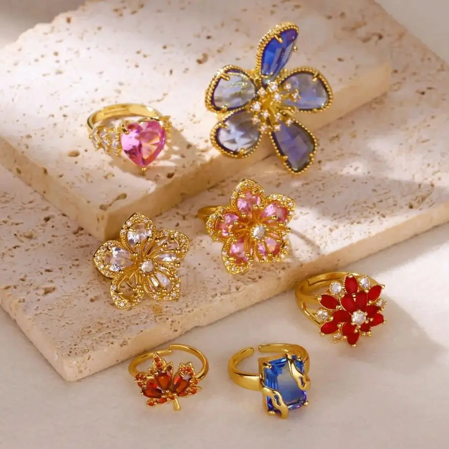 Stainless Steel Rings Gold Plated Colorful Stone Zircon Crystal Luxury Flower Ring For Women Wedding Jewelry Christmas Gift New