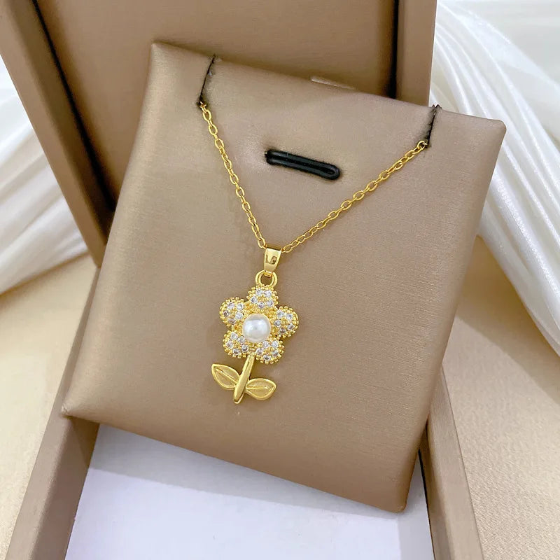Sparkling Luxury Cubic Zirconia Pearl Flower Pendant Stainless Steel Women's Necklace Fashion Waterproof Jewelry Gift