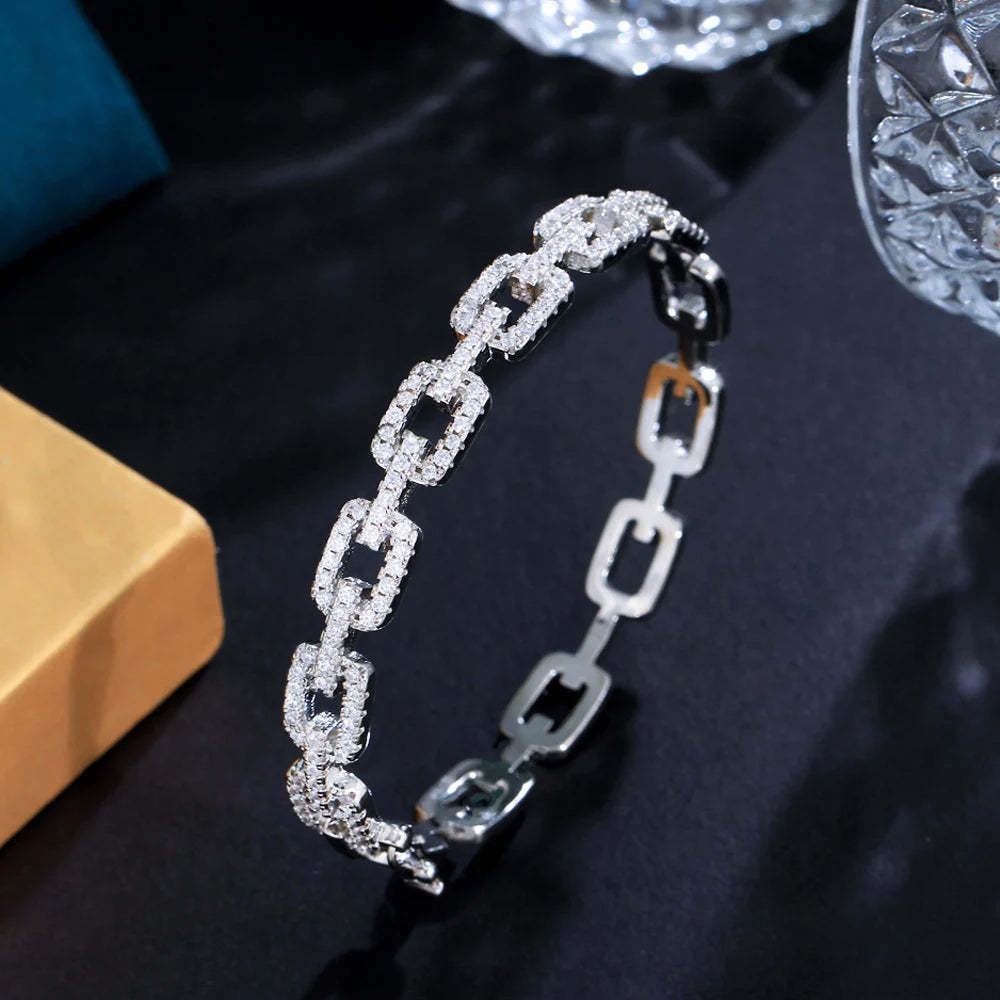 ThreeGraces Fashion Shiny Multicolor Cubic Zirconia Geometric Cuban Link Chain Cuff Bangle for Women Trendy Party Jewelry B077