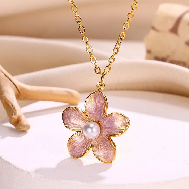 ANENJERY 316L Stainless Steel Enamel Colorful Flower Pearl Pendant Necklace For Women Sweet French Luxury Jewelry Gift Wholesale
