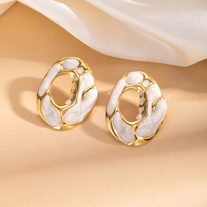 ANENJERY 316L Stainless Steel Hollow Irregular Round Stud Earrings For Women Temperament Luxury Niche Simple Jewelry Gift