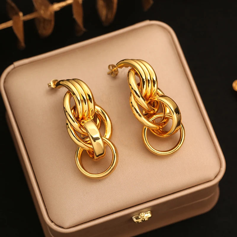 EILIECK 316L Stainless Steel Geometric Loops Dangle Earrings For Women New 18K Gold PVD Plated Ear Stud Water-resistant Jewelry