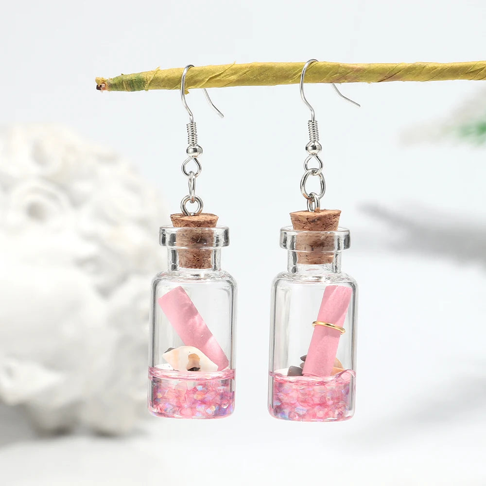 Creative Transparent Glass Drift Bottle Drop Earrings Cute Marine Animals Wish Bottle Dangle Earring Handmade Jewelry Gifts