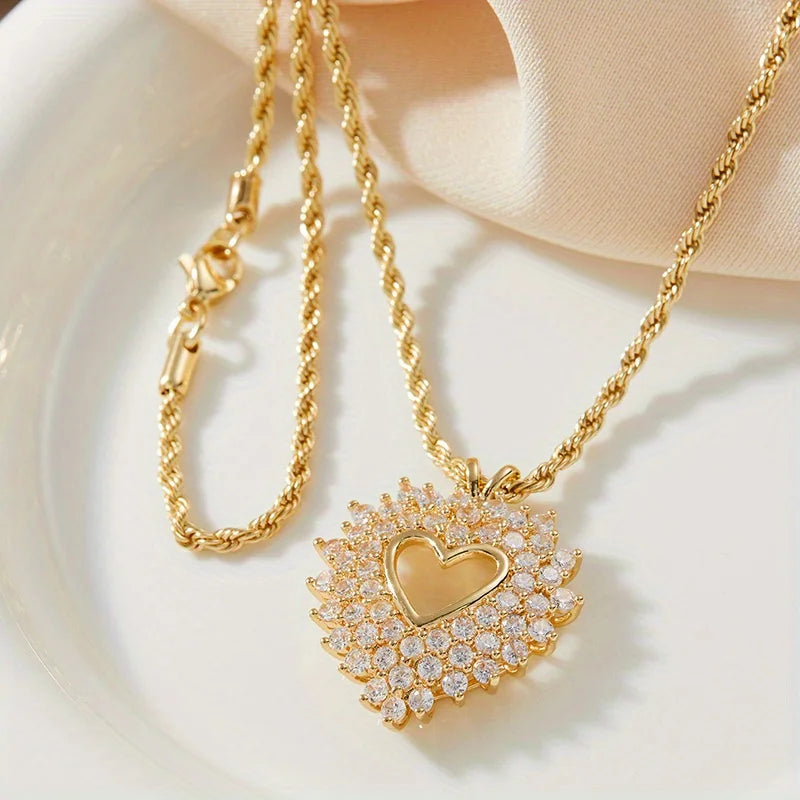 Romantic Fashion Exquisite Zircon Women's Pendant Necklace Hollowed Out Heart-shaped Party Birthday Holiday Valentine's Day gift