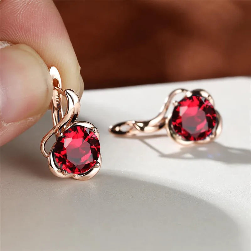 Female Crystal Round Red Green Purple Zircon Stone Flower Hoop Earrings Charm Rose Gold Color Wedding Jewelry Earrings For Women