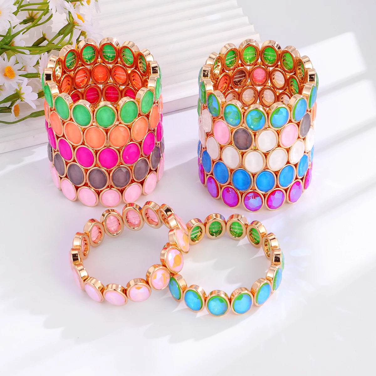 2026 New Arrival Glass Crystal Candy Beads Bracelets Colorful Rhinestone Girl Women Gold Color Bangle Bohemian Style Bracelet