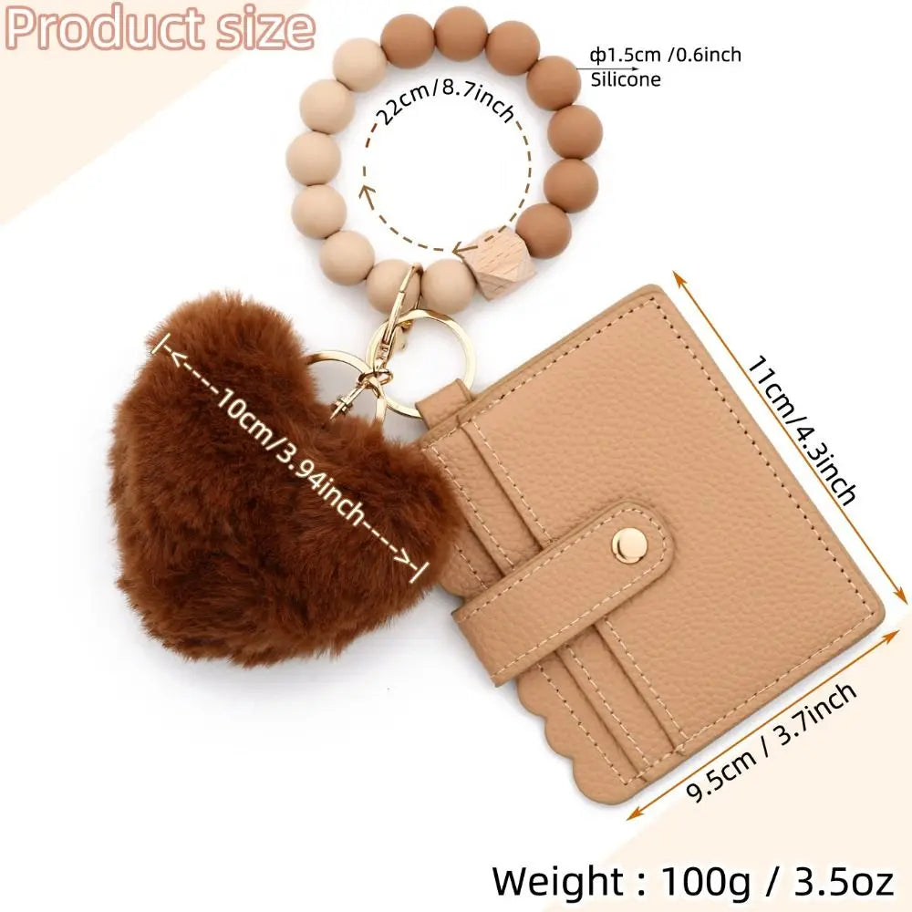 Solid Leather Leather Card Bag Keychain Tassel Design Silicone Beaded Wristlet Keychain Keychain Feature Wristlet Style
