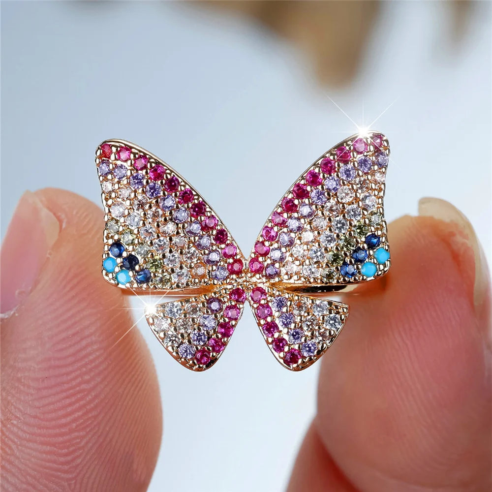 Charm Female Rainbow Butterfly Stone Adjustable Open Ring Gold Silver Color Cute Gift Wedding Jewelry For Women