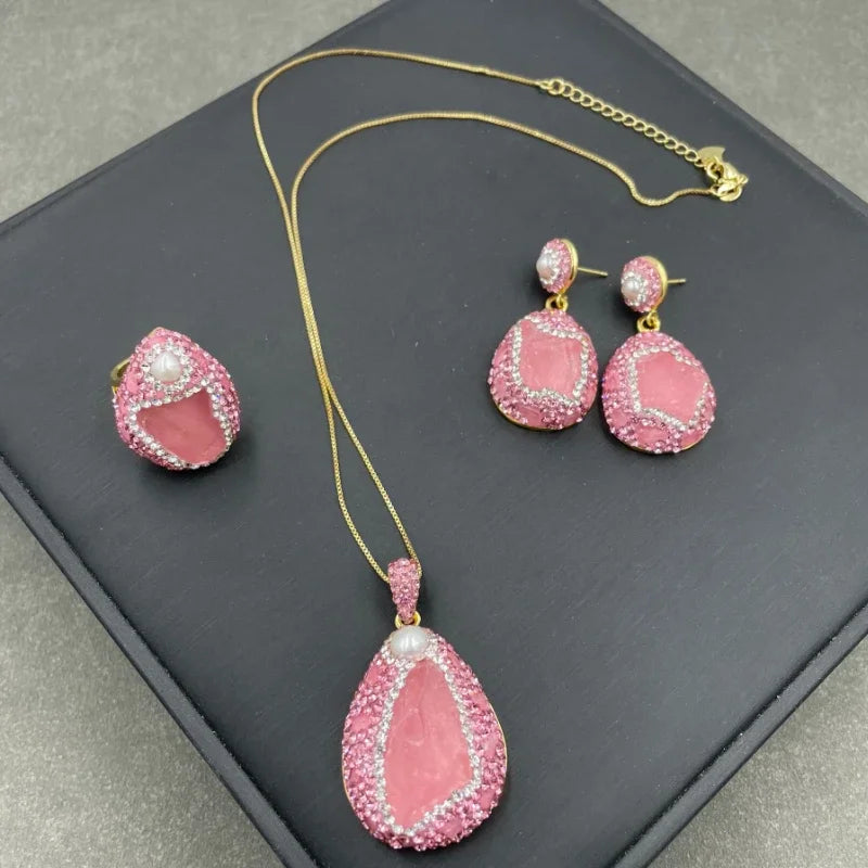 New Natural Gemstone Powder Crystal Original Stone Set for Women Rose Quartz Adjustable Ring Earrings Pendant Necklace 3 in 1