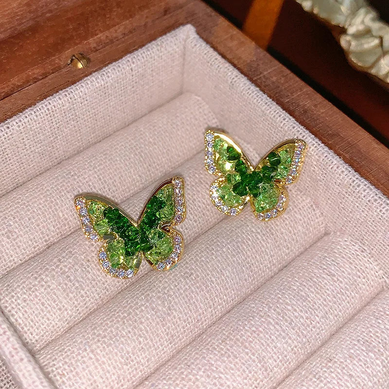 Gold Plating Zircon Green Crystal Butterfly Stud Earrings for Women Partysu Fashion Earring Luxury Silver Jewelry New