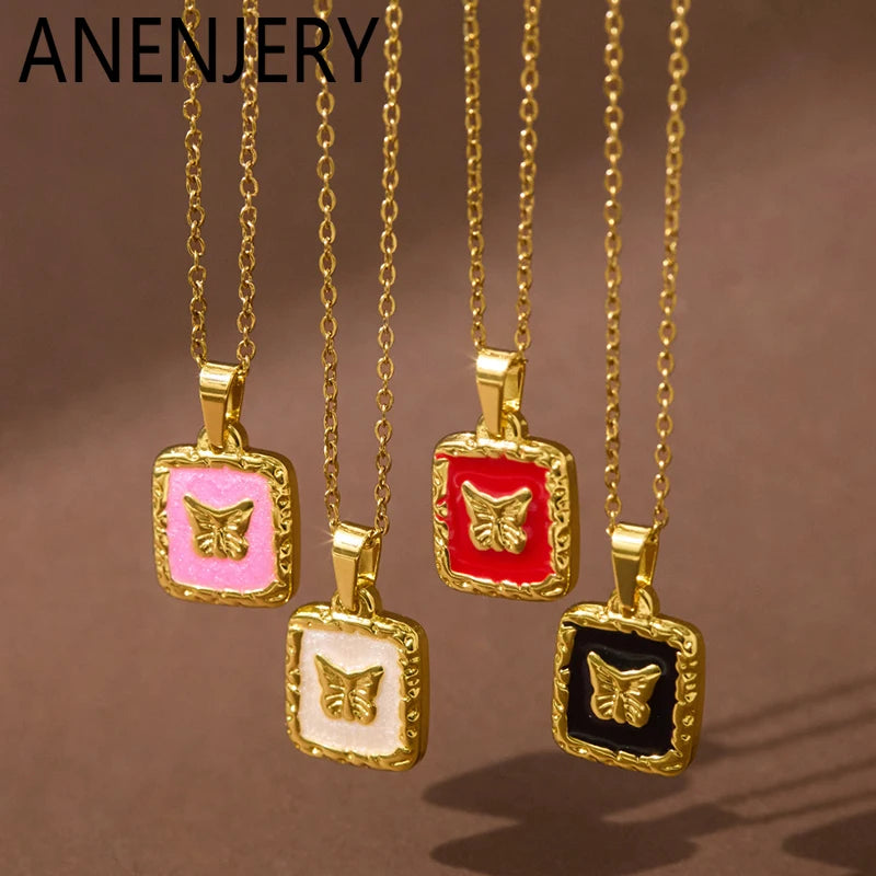 ANENJERY 316L Stainless Steel Butterfly Square Card Pendant Necklace For Women Simple Clavicle chain Elegant Jewelry Gifts