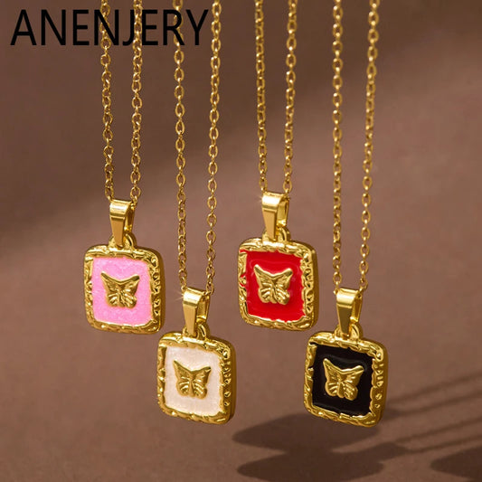 ANENJERY 316L Stainless Steel Butterfly Square Card Pendant Necklace For Women Simple Clavicle chain Elegant Jewelry Gifts