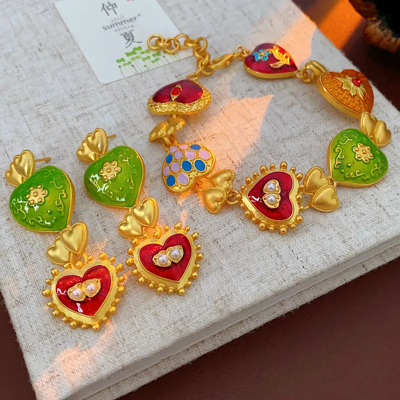 Vintage Bracelet Earrings Set for Women Drip Oil Love Flower Drop Earrings Light Luxury Jewelry Sets Wedding Party Gift