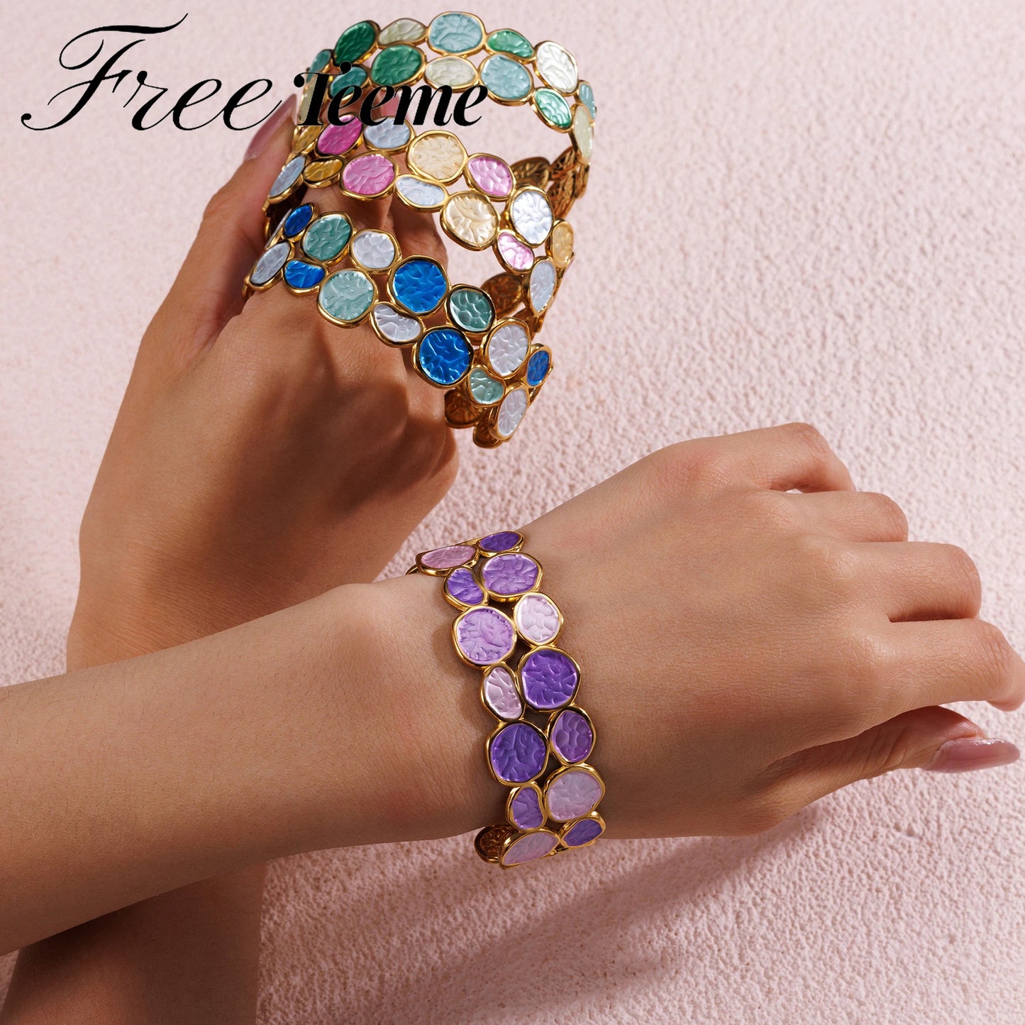 Freeteeme Fashion Stainless Steel Double Circle Link Open Bangle for Women Men Gold Color Cuff Bracelet Colorful Jewelry Gifts