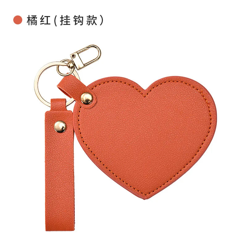 Multi-functional Heart Shape PU Leather Makeup Mirror Creativity Keychain Portable Compact with Chain for Purse Travel Gift