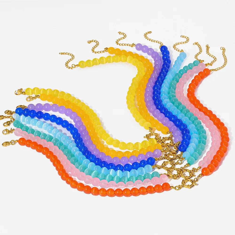 2026 Rainbow Cats Eye Glass Bead Choker Necklace 18K Gold Plated Stainless Steel Summer Bikini Gift for Women Girls