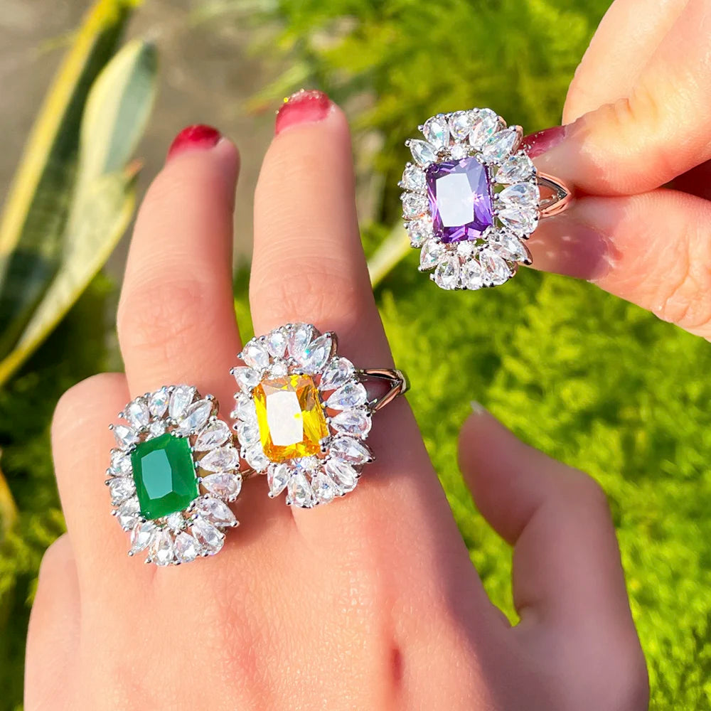 ThreeGraces Luxury Green Purple Cubic Zirconia Silver Color Adjustable Size Wedding Engagement Ring for Women Chic Jewelry R168