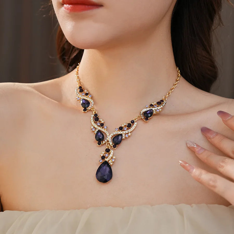Purple Rhinestone Pendant Necklaces Drop Earrings Party Banquet Jewelry Set Vintage Water Drop Necklace Earrings Accessories H