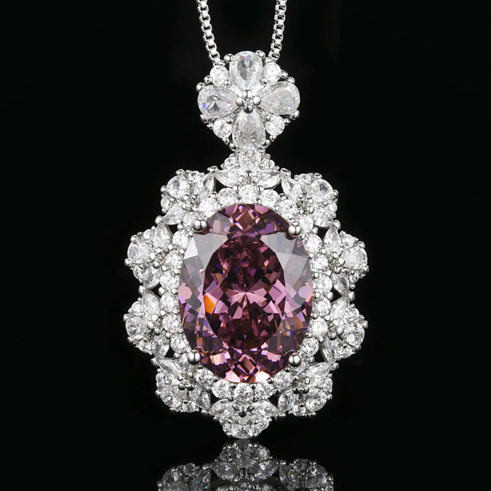 New Vintage 12*16mm Amethyst  Pink Quartz Pendant Necklace Rings for Women Gemstone Lab Diamond Party Jewelry Sets Birthday Gift