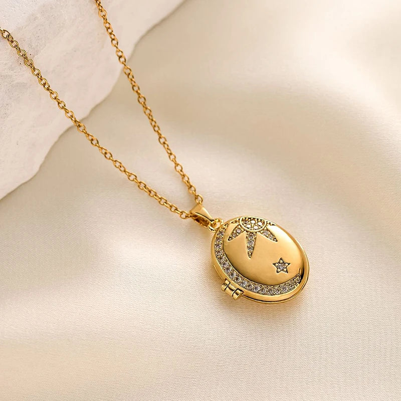 ANENJERY 316L Stainless Steel Openable Oval Heart Photo Frame Zircon Necklace For Women Delicate Vintage Jewelry Gifts Wholesale