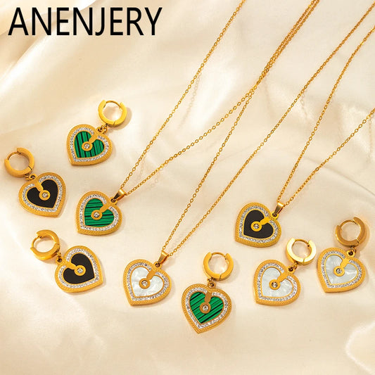 ANENJERY 316L Stainless Steel Double sided Heart Shiny Zircon Necklace Earrings For Women Niche Vintage Jewelry Gifts Wholesale