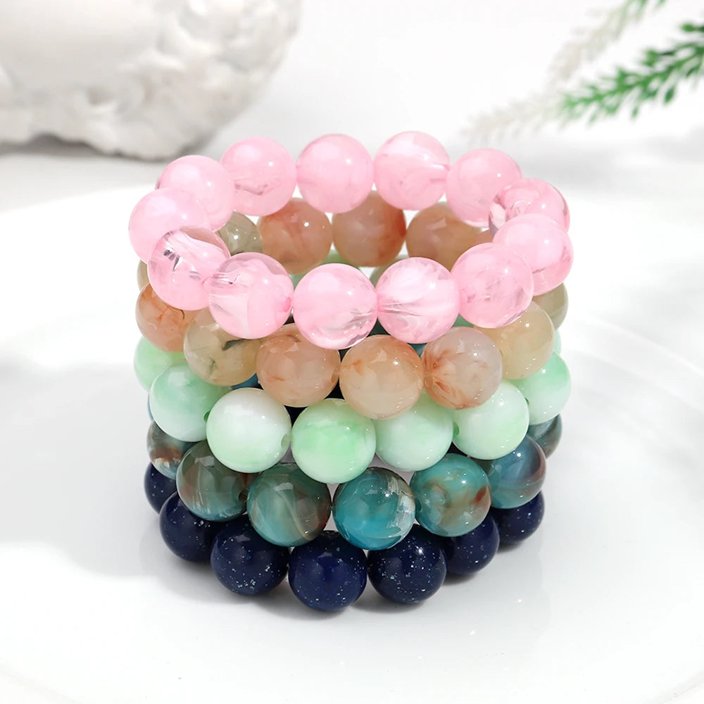Bohemian Acrylic Colorful Marbled Elastic Round Beads Bracelets Trendy Geometric Stackable Bangle Bracelet Jewelry for woman