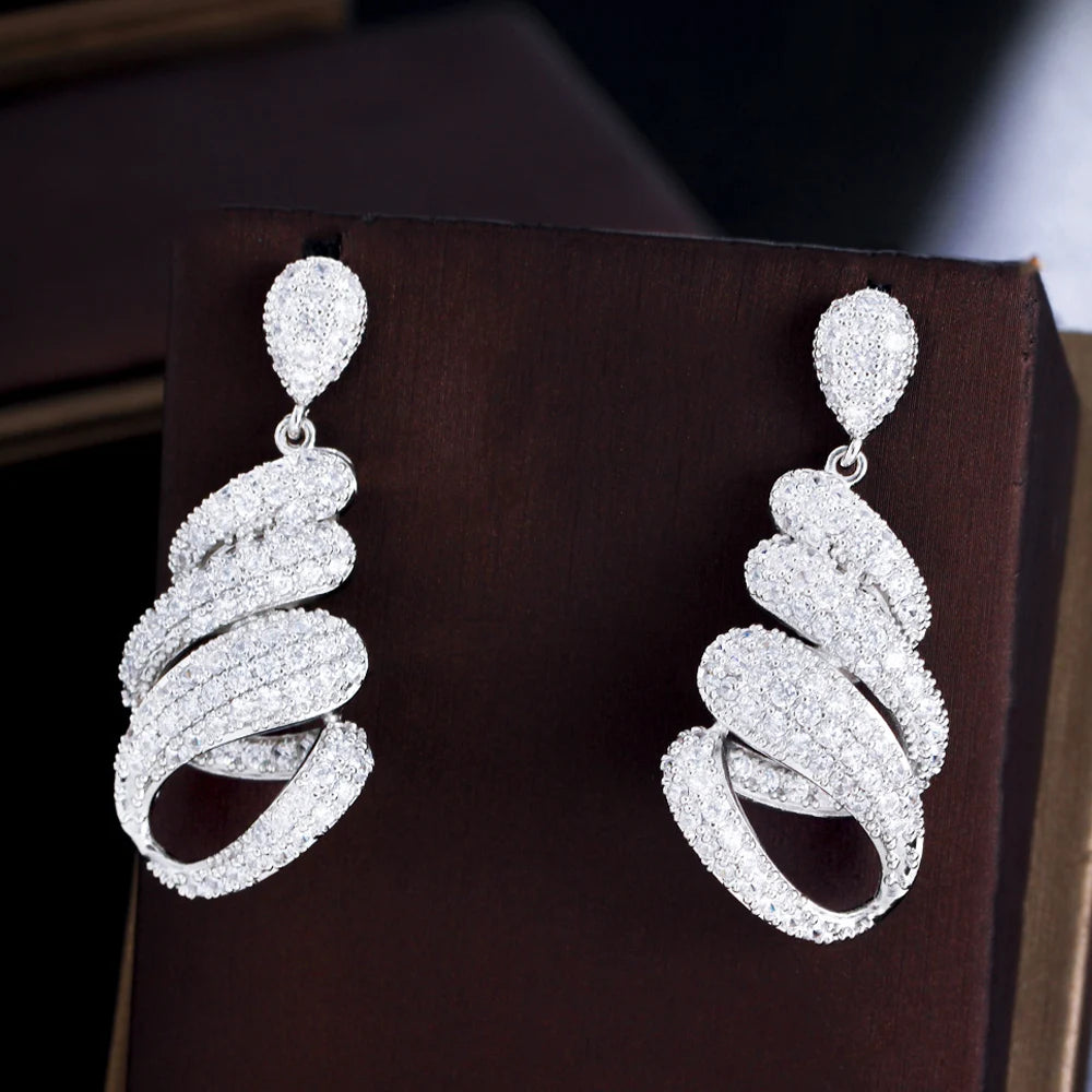 ThreeGraces Luxury Fashion Shiny White Zirconia Bridal Wedding Party Long Twist Lines Drop Earrings for Women Jewelry E1053