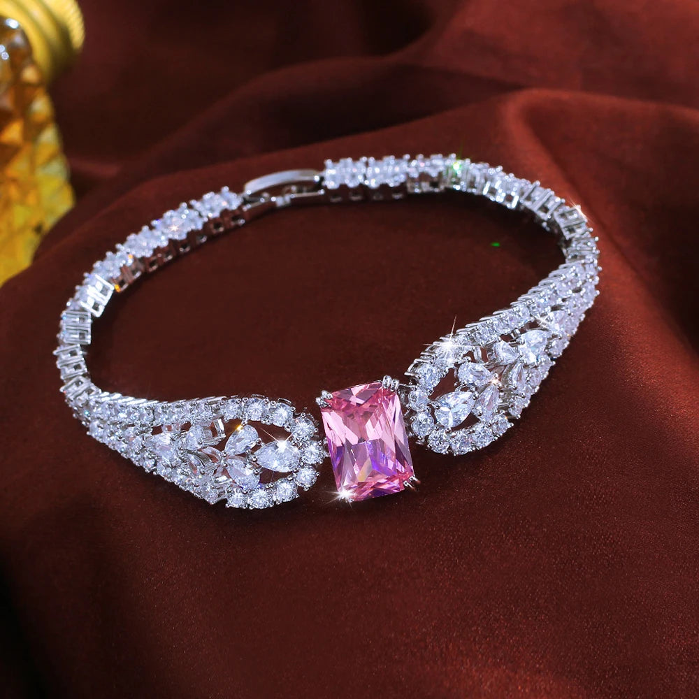 ThreeGraces Elegant Brilliant Pink Square Cubic Zirconia Feather Shape Bridal Wedding Party Link Chain Bracelet for Women BR454