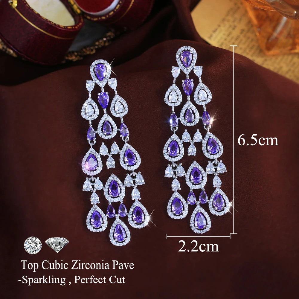 ThreeGraces Vintage Shiny Purple Zirconia Long Tassel Chandelier Drop Bridal Wedding Party Earrings for Ladies Jewelry ER531