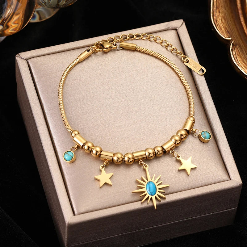 EILIECK 316L Stainless Steel Water Drop Zircon Butterfly Hexagram Charm Bracelet For Women Trend Fashion Gold Color Jewelry Gift