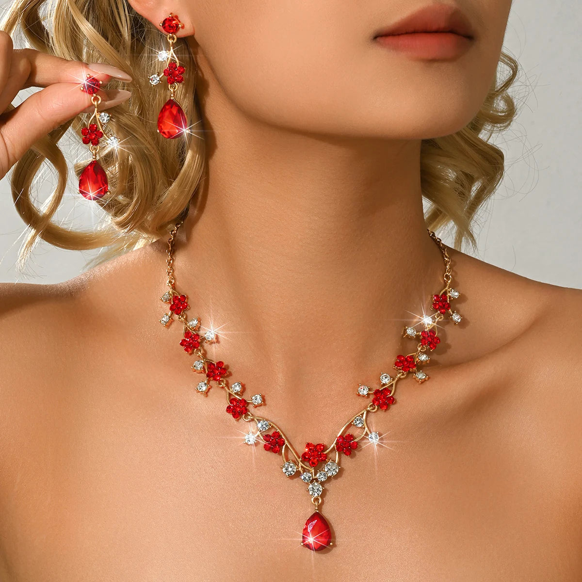 Light Luxury Diamond Inlaid Zircon Necklace Earrings Angel Tears Jewelry Two-Piece Set Wedding Accessories