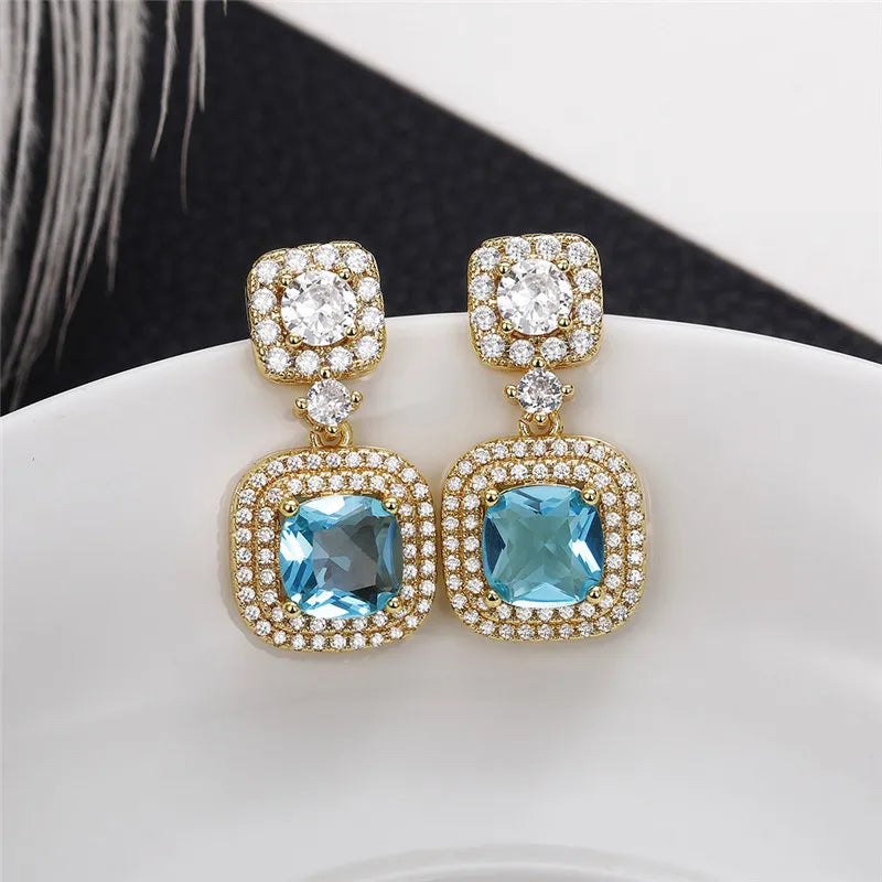 Huitan Luxury Gold Color Blue CZ Dangle Earrings Engagement Wedding Party Noble Women's Ear Accessories New Fashion Jewelry 2022