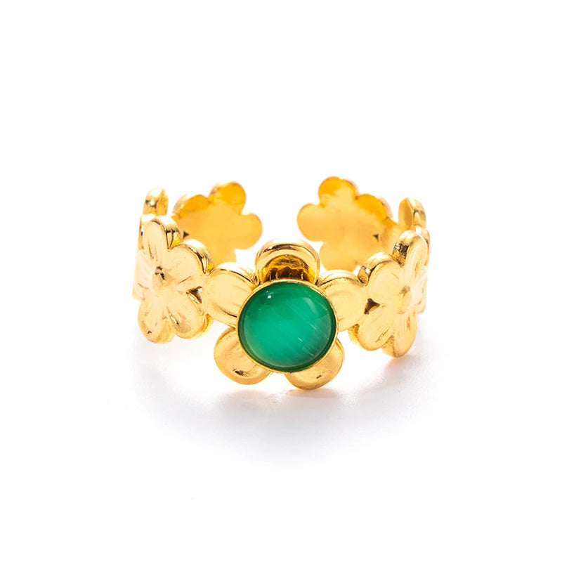 ANENJERY 316L Stainless Steel Flower Inlaid Colorful Stone Open Ring for Women Men Beauty Delicate Jewelry Gifts Wholesale
