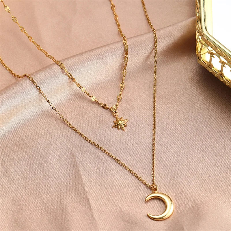 EILIECK Women's Retro Star Moon Pendant Necklace 18K Gold PVD Plated Stainless Steel Waterproof Layered Neck Chain Daily Jewelry