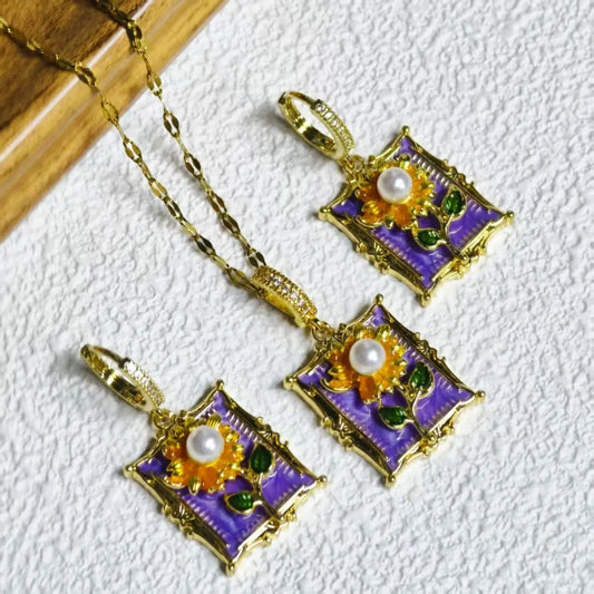 Monet Garden Sunflower Enamel Necklace Earring Set with Ancient Style, High Grade, Fashion Style, Clavicle Stainless Steel