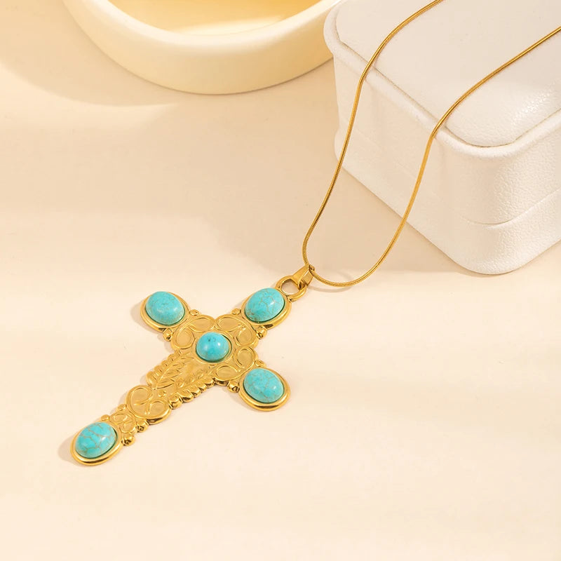 ANENJERY 316L Stainless Steel Turquoise Cross Butterfly Geometry Pendant Necklace For Women Niche Boho Exaggerated Jewelry Gifts