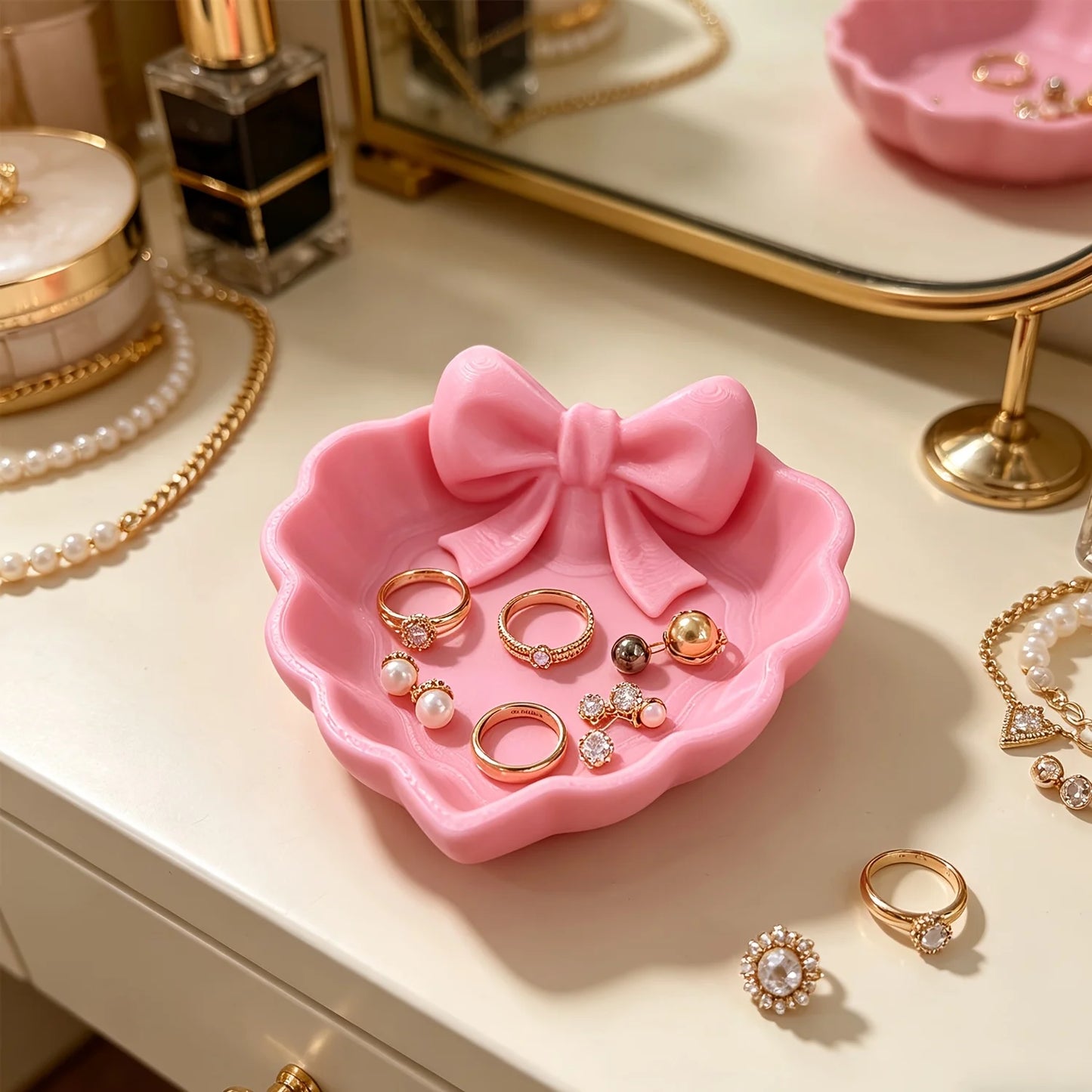 Cute Pink Bow Heart Jewelry Tray Desktop Trinket Organizer Decor Display Plate for Rings Earrings Small Accessories