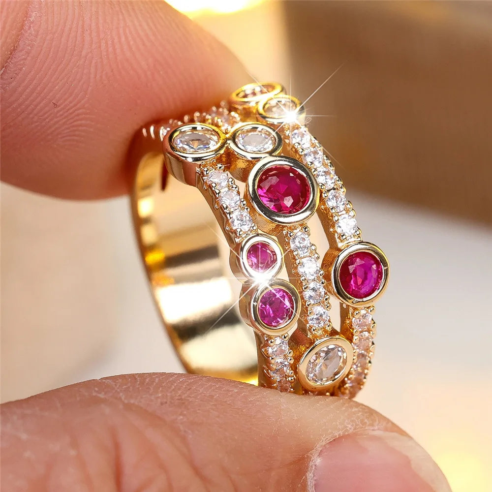 Cute Female Rose Red Zircon Stone Gold Color Wedding Jewelry Promise Engagement Rings For Women