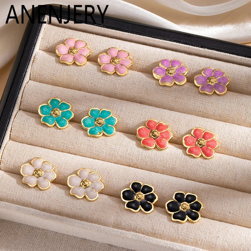 ANENJERY 316L Stainless Steel Colorful Enamel Flower Stud Earrings For Women Temperament Luxury Niche Simple Jewelry Gift