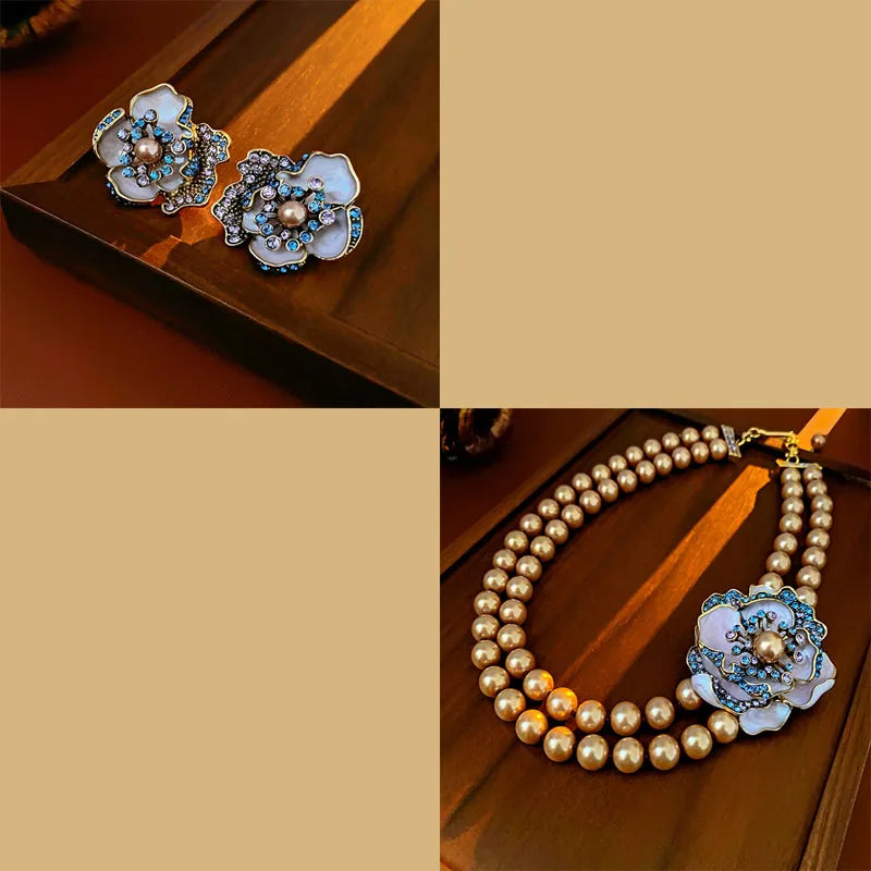 Imitation Pearl Flowers Stud Earrings French Retro Exquisite Luxury Dropping Chain Necklace Romantic Jewelry Sets Wedding H