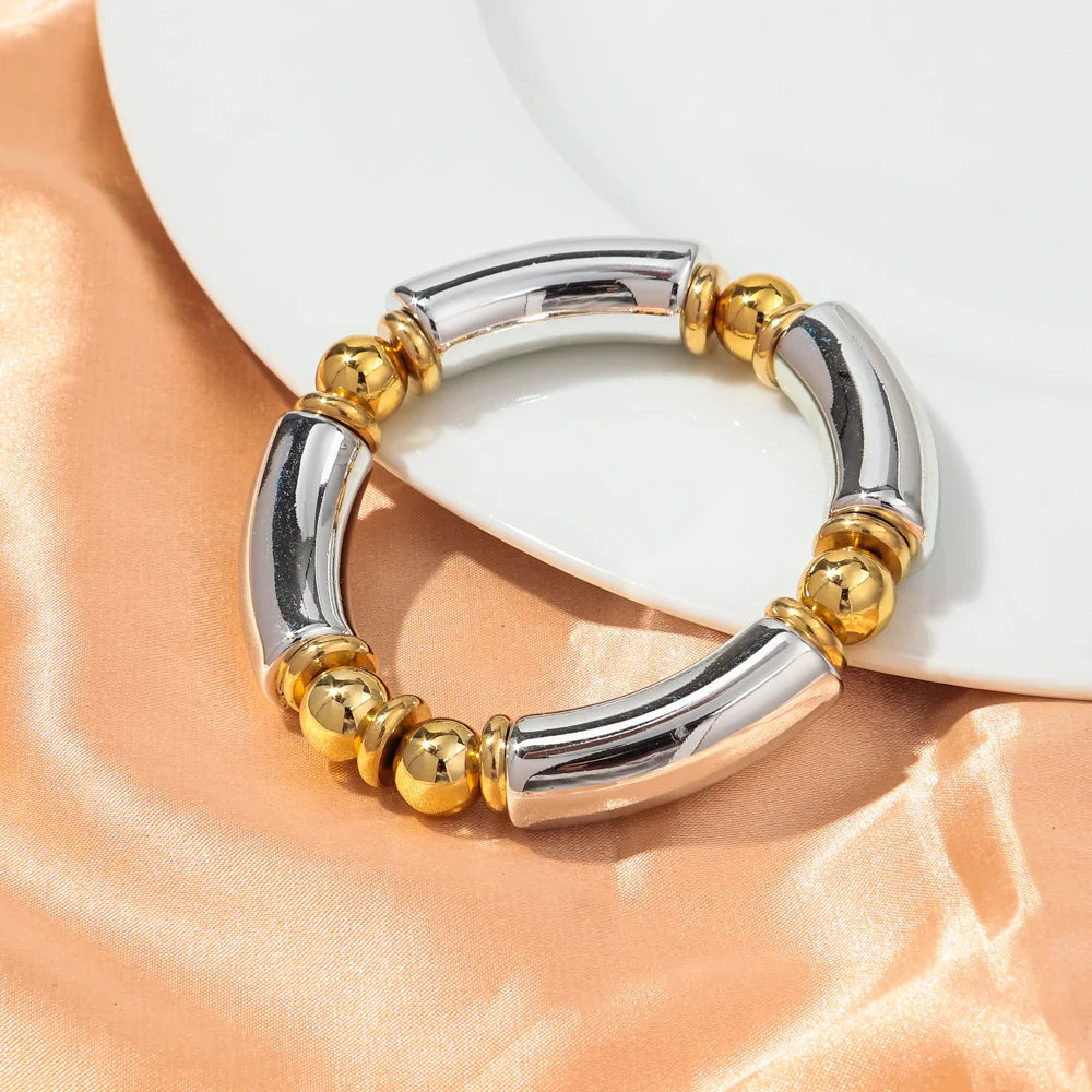 New Design Acrylic Gold Color Beads Chunky Bamboo Bracelets for Women Resin Curved Tube Stretchy Bangle 2024 Fashion Jewelry