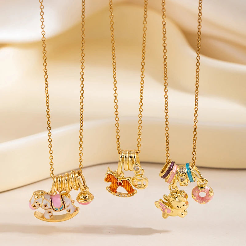 ANENJERY 316L Stainless Steel Drop Oil Horse Circular Pendant Necklace For Women Fashion Cute Sweet Jewelry Gifts Wholesale