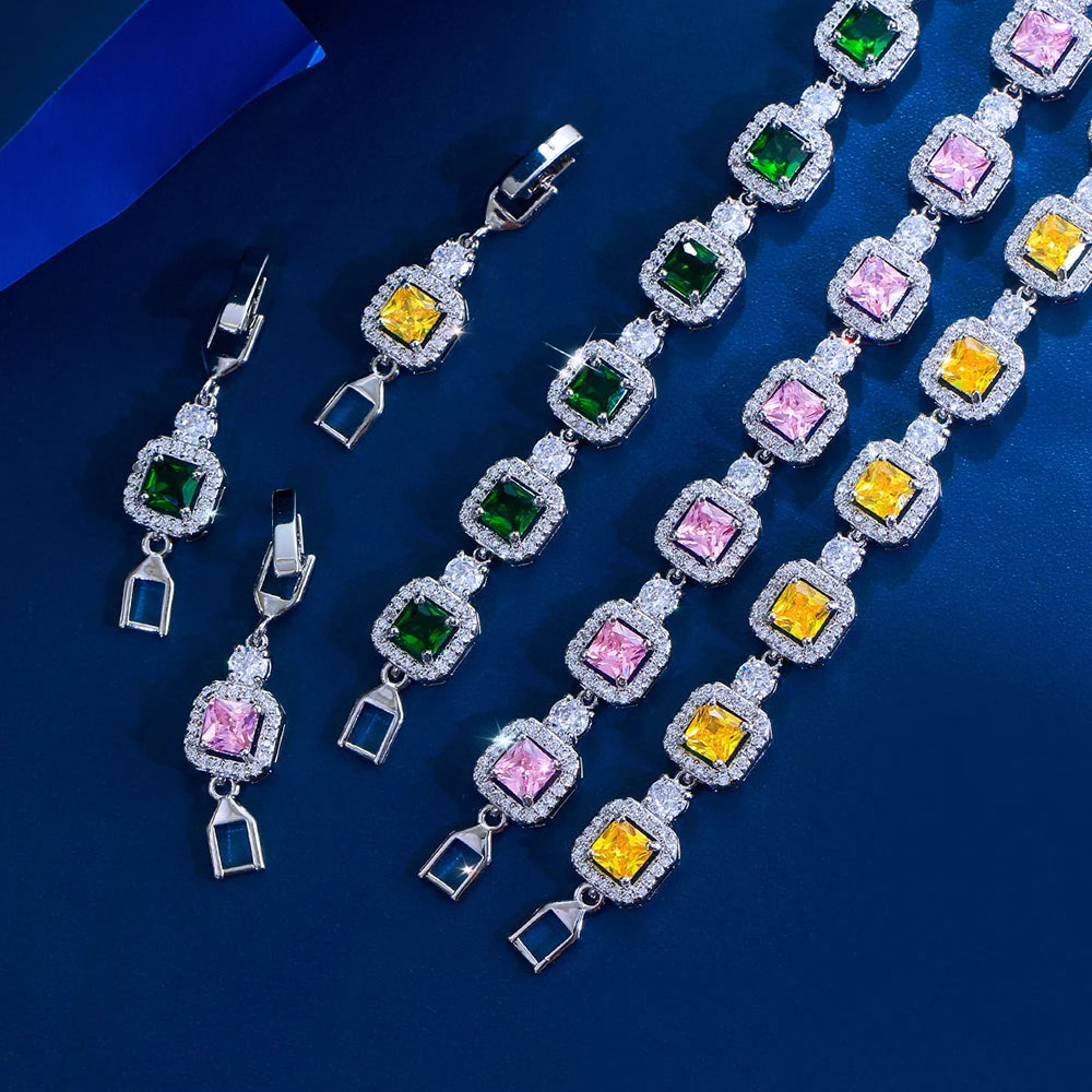 ThreeGraces Trendy Elegant Shiny Pink Green Square Zirconia Bridal Wedding Party Link Chain Bracelet Jewelry for Women BR600