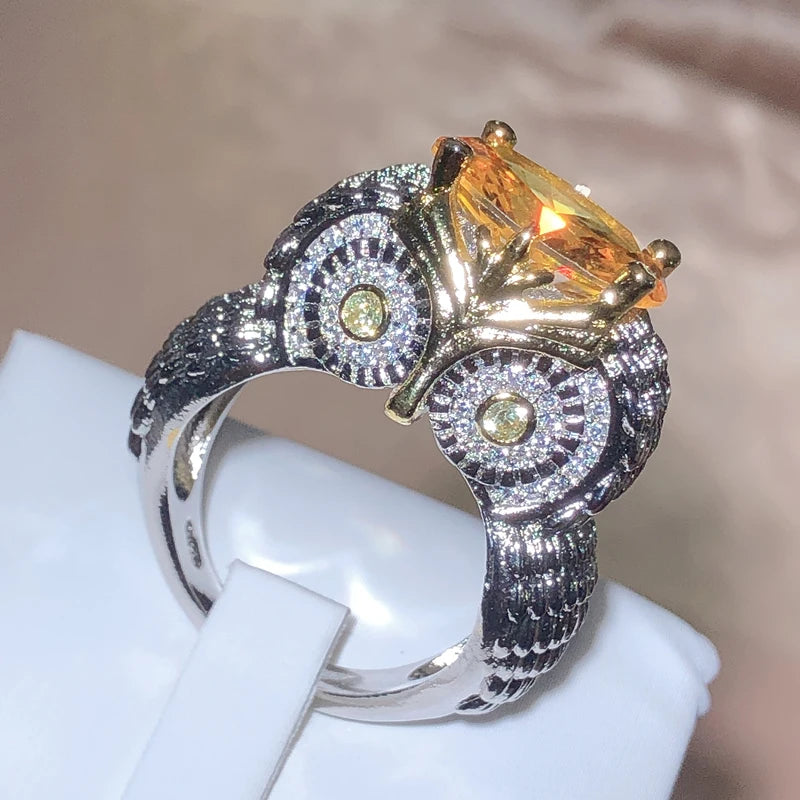 2022 New Exaggerated Large Owl Shape Orange Zirconia Ring Women 925 Stamp Party Travel Birthday Jewelry Gift